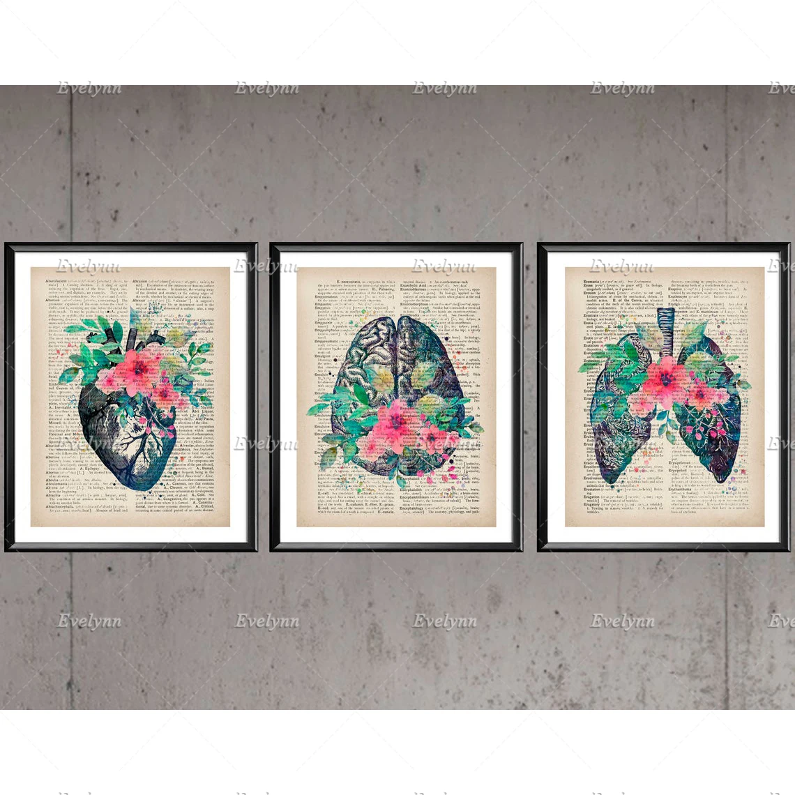 

Nordic Watercolor Floral Anatomy Old Dictionary Page Vintage Medical Art Heart Flowers Brain Print Anatomical Lungs Clinic Decor