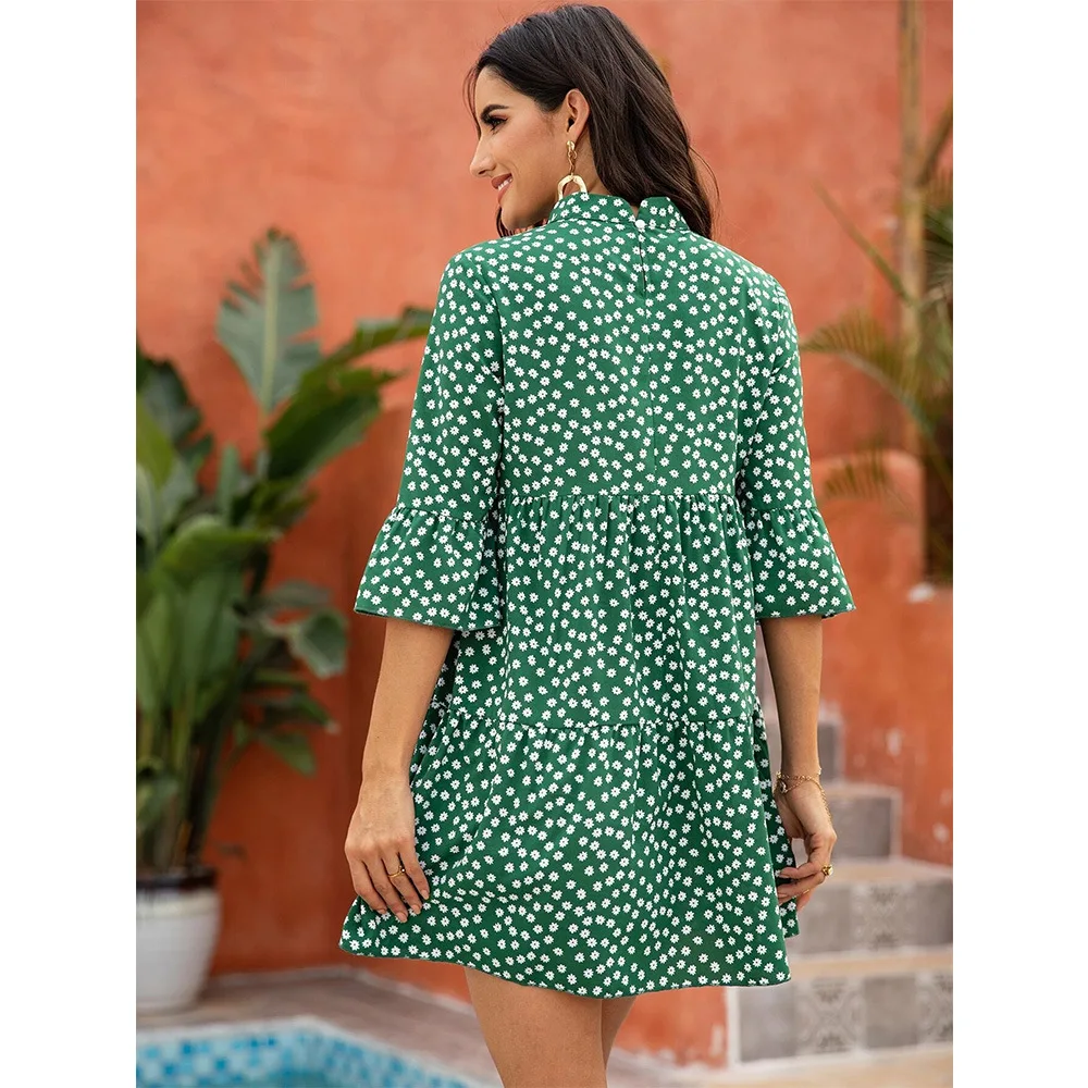 

Donsignet New Fashion Summer Women for Dress Casual Half High Collar 3/4 Sleeve Floral Loose Dress Women Holiday Elegant Dress
