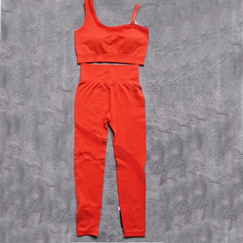 CB1191 orange set Женский спортивный костюм, комплект для йоги на одно плечо, бесшовный костюм для фитнеса, спортивный бюстгальтер для бега, штаны для йоги, леггинсы, женский костюм, одежда для спортзала - Цвет: CB1191 orange set