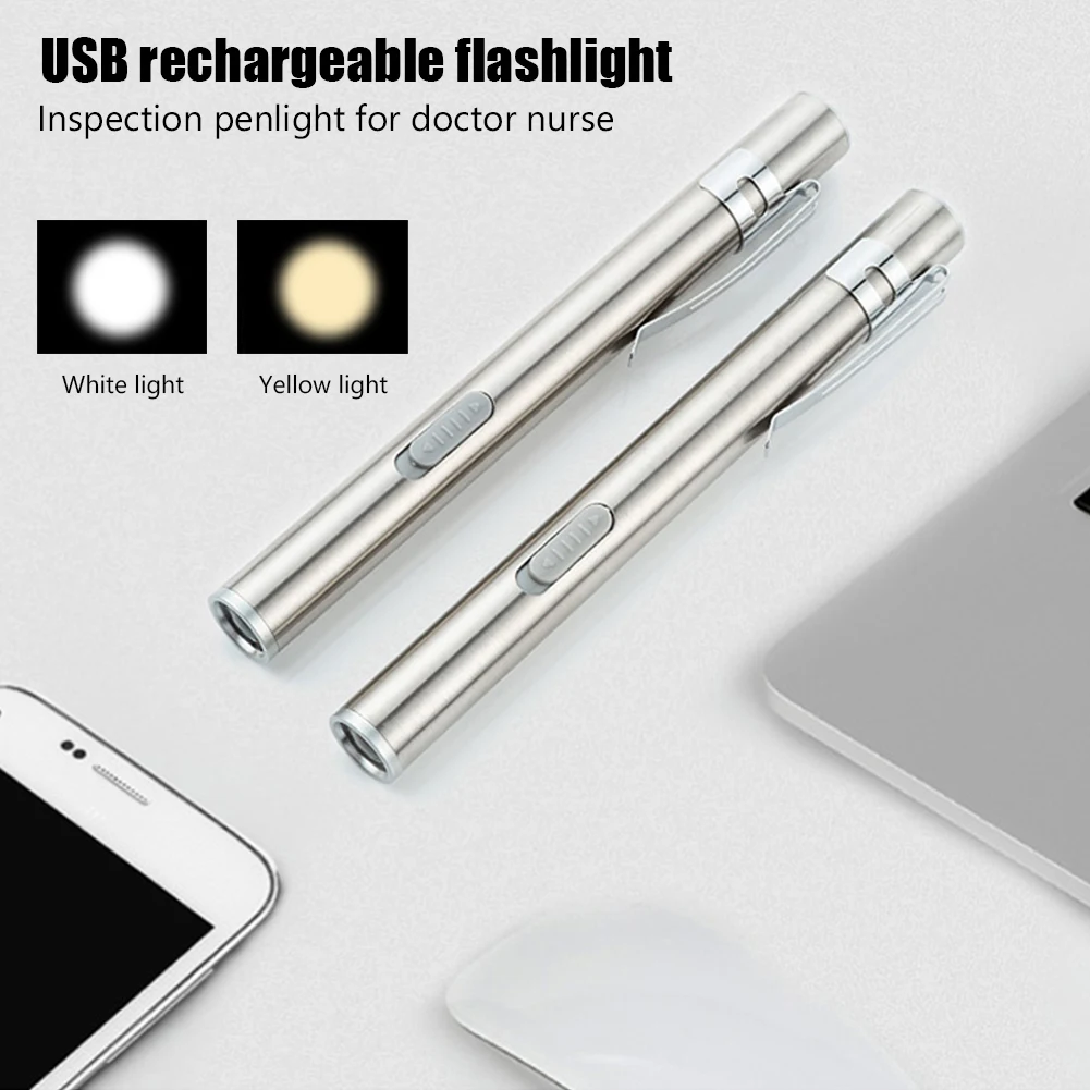 

Flashlight Pen USB Rechargeable Nursing white/yellow light Mini Torch Portable Clip Pocket for Stainless Steel camping doctors
