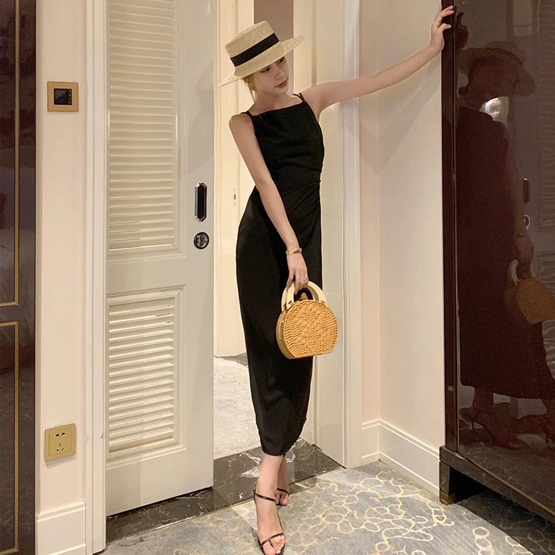 

Women Spaghetti Strap Party Dress Sexy Split Solid Slim Lady Below the knee Fashion Length Vintage Wear Dresses black dress