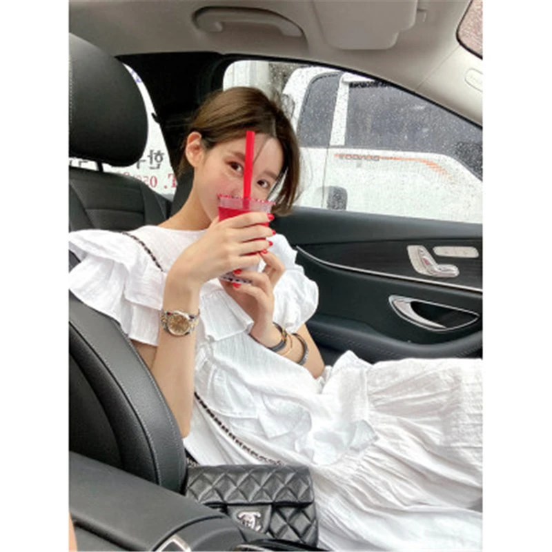 

Sweet Kawaii White Mini Dress 2020 Autumn O-neck Ruffled Sleeveless Pleated Loose Dresses For Females Back Zippers Dress 2020