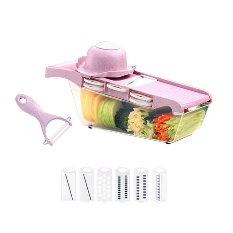 

Wheat Material with Hand Guard 6 Blade Pink Multifunctional Cutters Potato Silk Cucumber Slices Kitchen Gadgets and Accessories