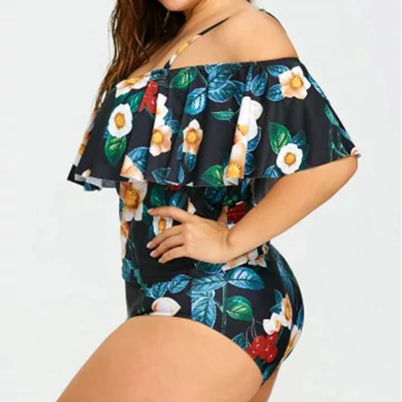 

Luren Plus Size Swimwear Split Set Push Up Swimsuit Female Ruffled Briefs Suit Independent Swimwear High Waist Printed Bikini