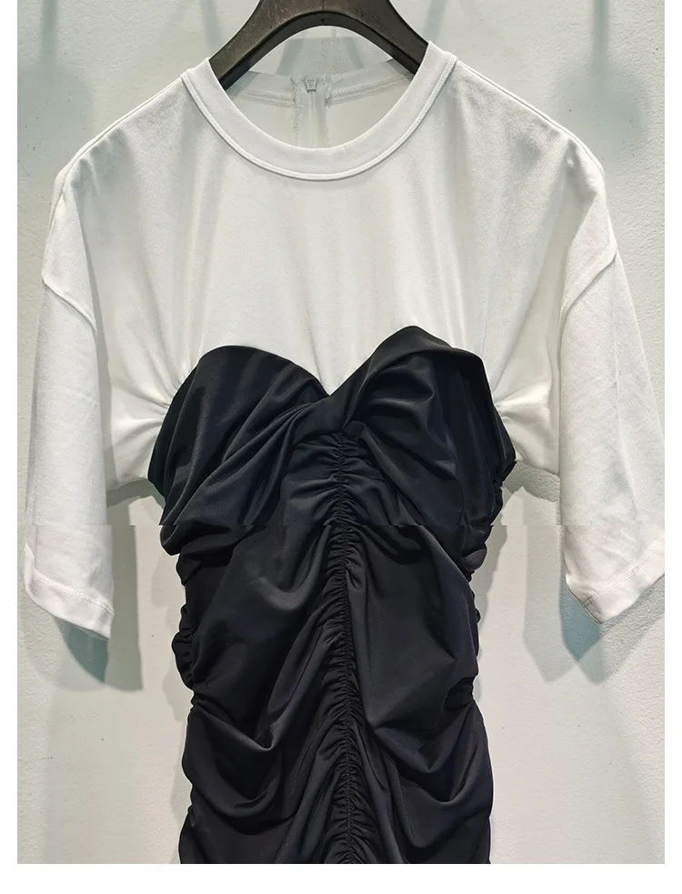 

Hoge Kwaliteit Lente En Zomer Aw Koning Stijl Stiksels Vrouwen Contrast Kleur Slim Fit Geplooide Veelzijdige Elegante Jurk