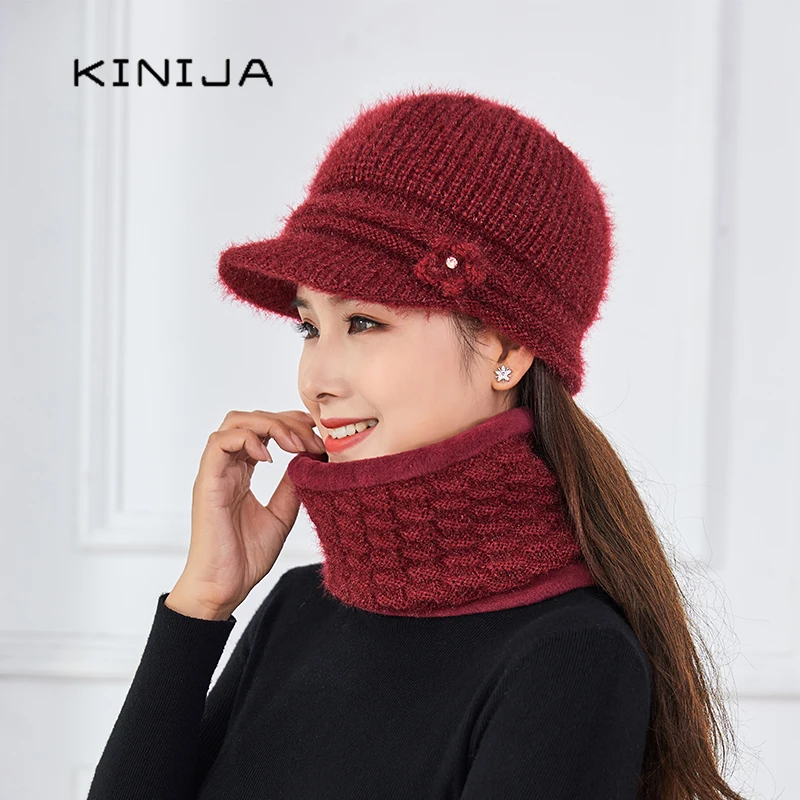 Female Winter flower wool neck warm knitted hat Russia outdoor ski protection face ear hat scarf mask set plush thick snow cap
