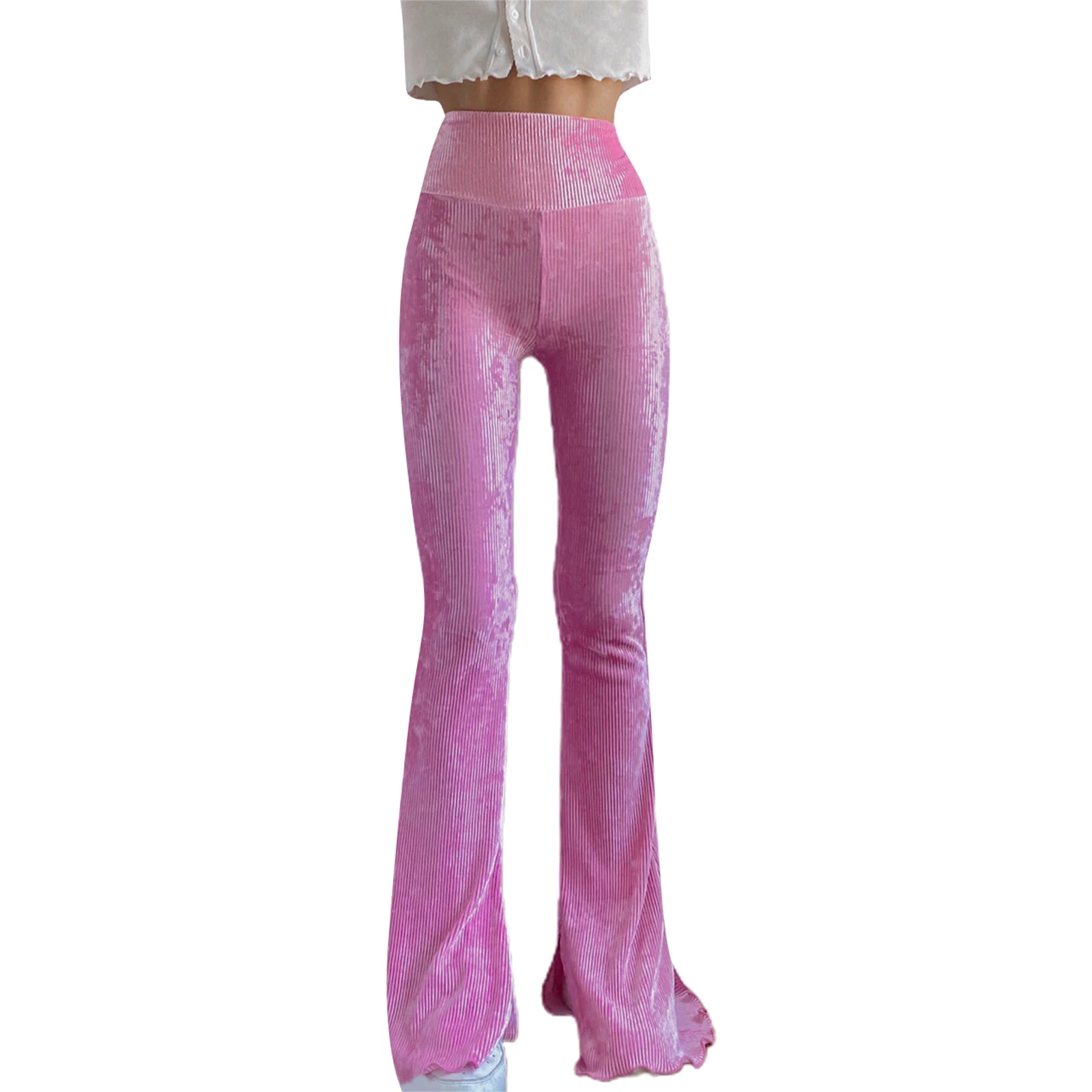

Женские брюки-клеш, однотонные длинные брюки в рубчик с высокой талией для взрослых, розовые, S/M/L, для весны и осени