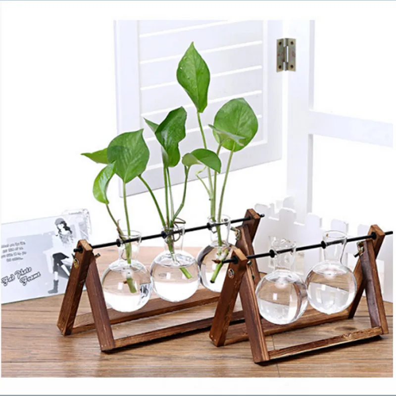Деревянные стеклянные настольное растение бонсай вазы для цветов с деревянным