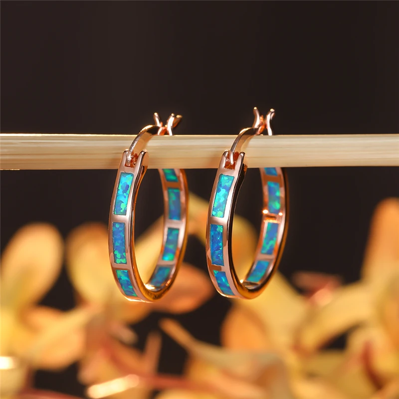 

Boho Female Blue Opal Stone Earrings Classic Rose Gold Color Wedding Earrings For Women Vintage Bride Round Big Hoop Earrings