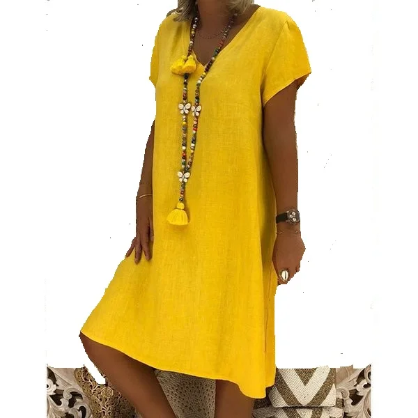 

Women's new cotton solid color short-sleeved V-neck dress
