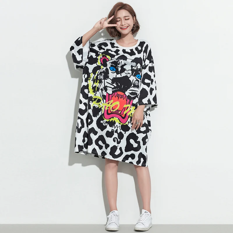 

Женское платье с леопардовым принтом, длинная свободная прямая туника, большие размеры, 2020