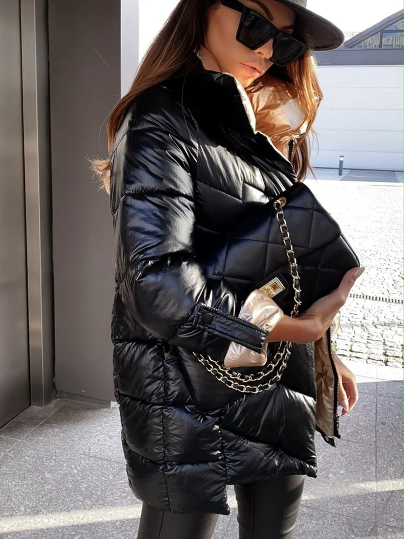 Jacket Women 2021 New Patchwork Stand Collar Outerwear Winter Casual Parka Coat Cotton Warm Elegant Ladies Coats fashion