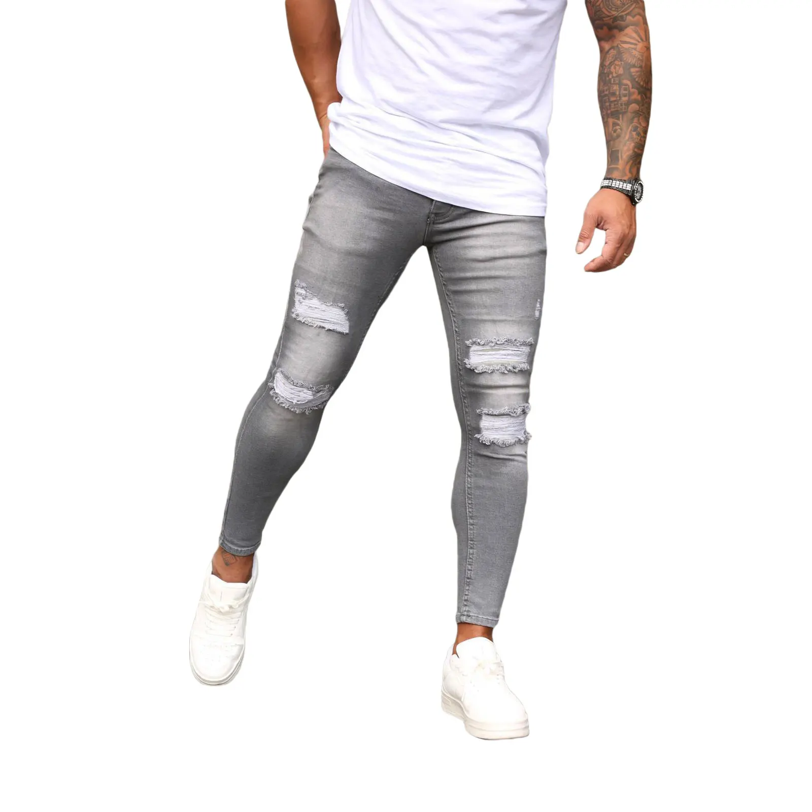 

Men's Destroyed Skinny Jeans, Casual Slim Fit Stretch Denim Pants with Ripped Holes