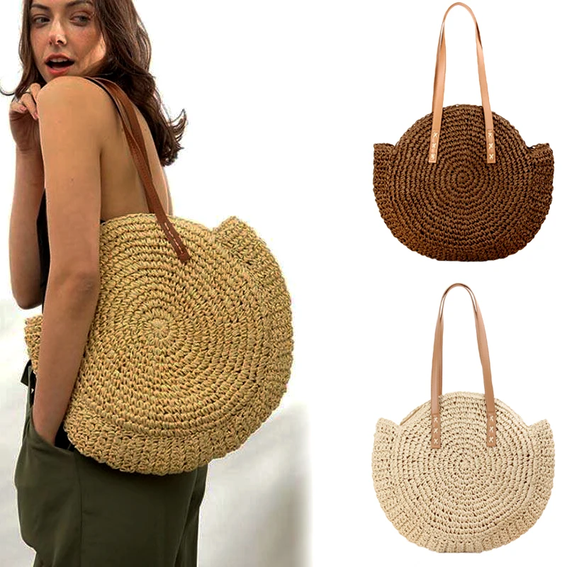 Женская плетеная Сумка-тоут круглая соломенная простая пляжная сумка через