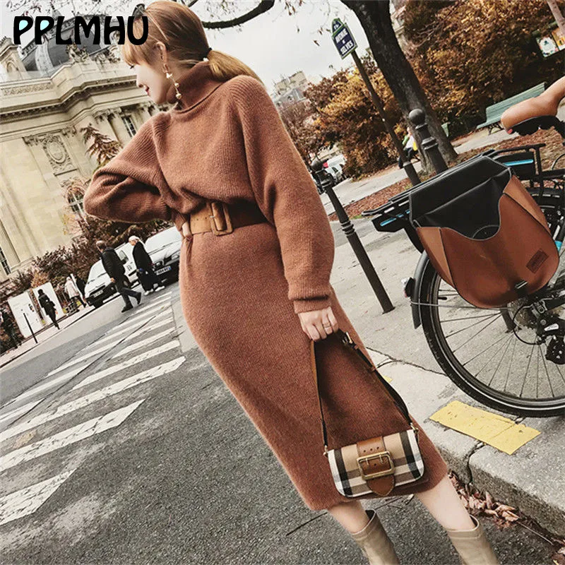 Женское трикотажное платье карандаш с высоким воротником Теплое повседневное