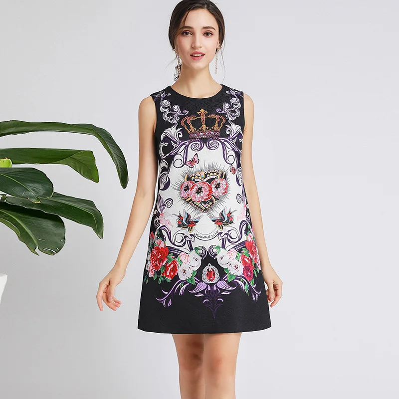 

Ladies Temperament Entry Lux Rhinestone Floral Print Tank Dress Summer New round Neck Sleeveless Sequins Dress