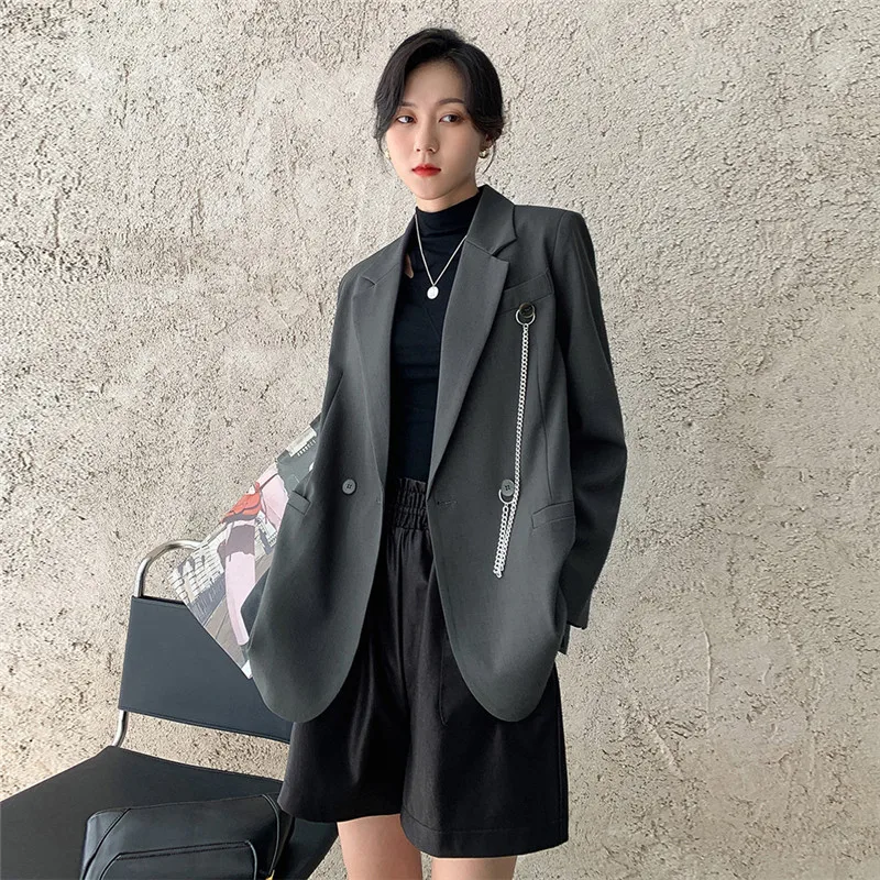 

2020 Autumn And Winter New Simple Fashion Hanging Chain Double Breasted Loose Mid Length Solid Color Suit Jacket Female C205
