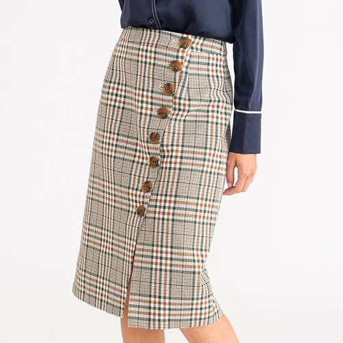 Plaid Mnealways18 Ретро клетчатая облегающая юбка женская однобортная с высокой талией на пуговицах миди юбки с разрезом повседневные женские плетеные женские - Цвет: Plaid