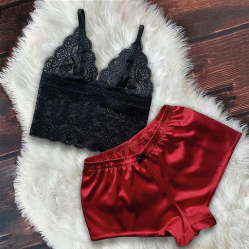 

2 Pcs Sexy Lingerie Solid Color V-Neck Lace Sleeveless Crop Top+Underpants Shorts For Women Exotic Sets