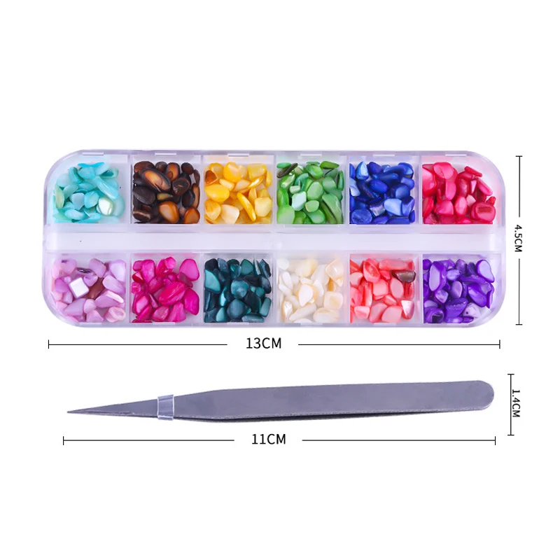 12 Grid Colorful Shell Stones With Tweezers Candy Color Nail Art Decoration Irregular Stone For Gel Polish Accessory | Красота и