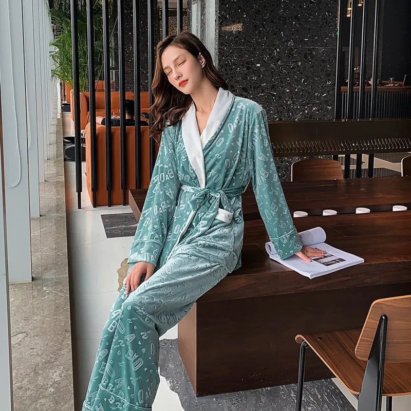 

Velvet Women Pajamas Suit Soft Letter 2PCS Sleepwear Nightwear Casual Shirt&Pants Pijamas Velour Homewear Sleep Set Nightgown