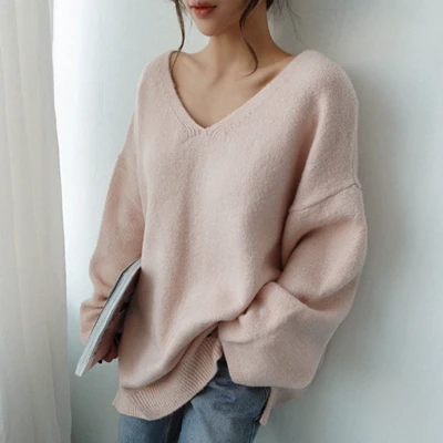 Pink HAYBLST брендовый свитер для женщин Осень Зима повседневные Модные топы размера плюс свободные Kawaii корейский стиль длинный рукав Вязание Одежда - Color: Pink