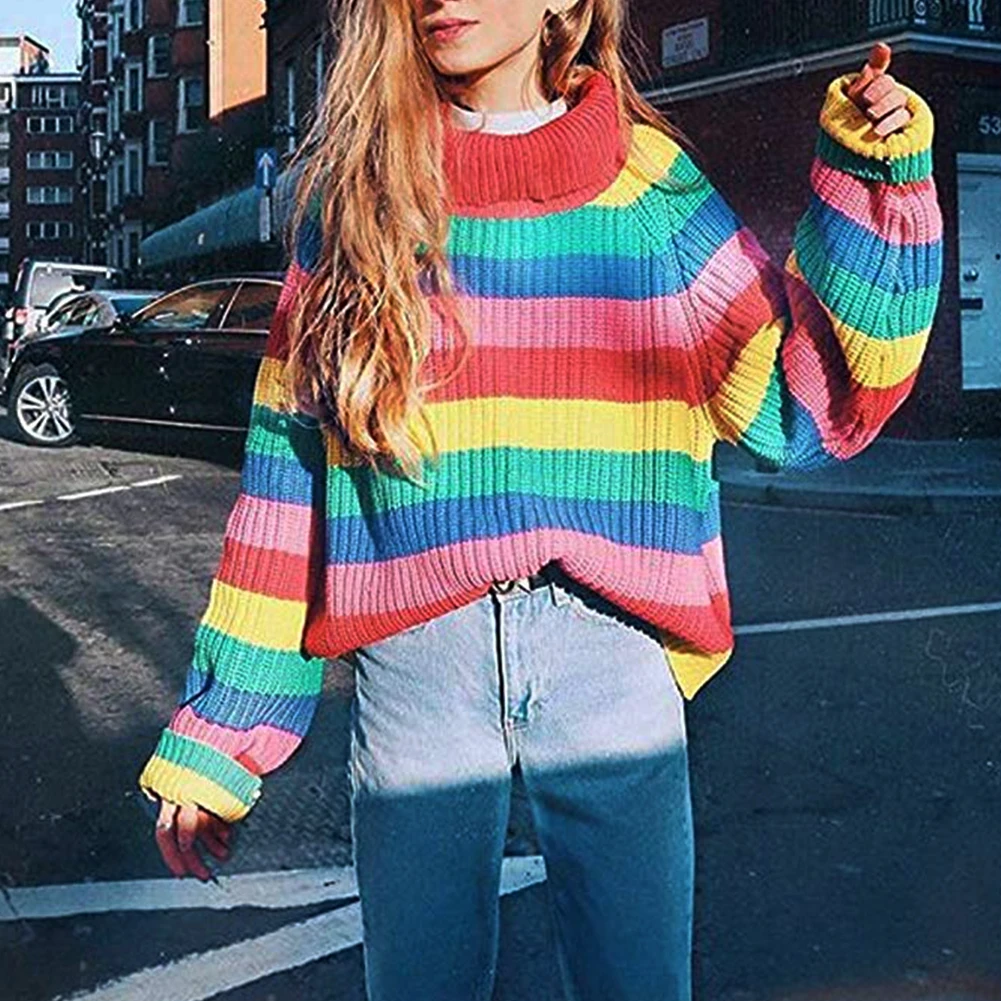 Loose Pullover Women Sweater Spring Party Comfortable Rainbow Striped Winter Soft Charming Long Sleeves Autumn Casual Turtleneck | Женская