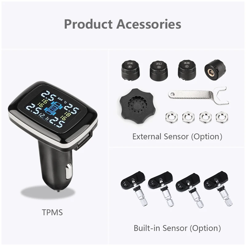 

JMCQ Cigarette Lighter USB port Car TPMS Tire Pressure Monitoring System Sensors LCD Screen Security Alarm Systems Tire Pressure