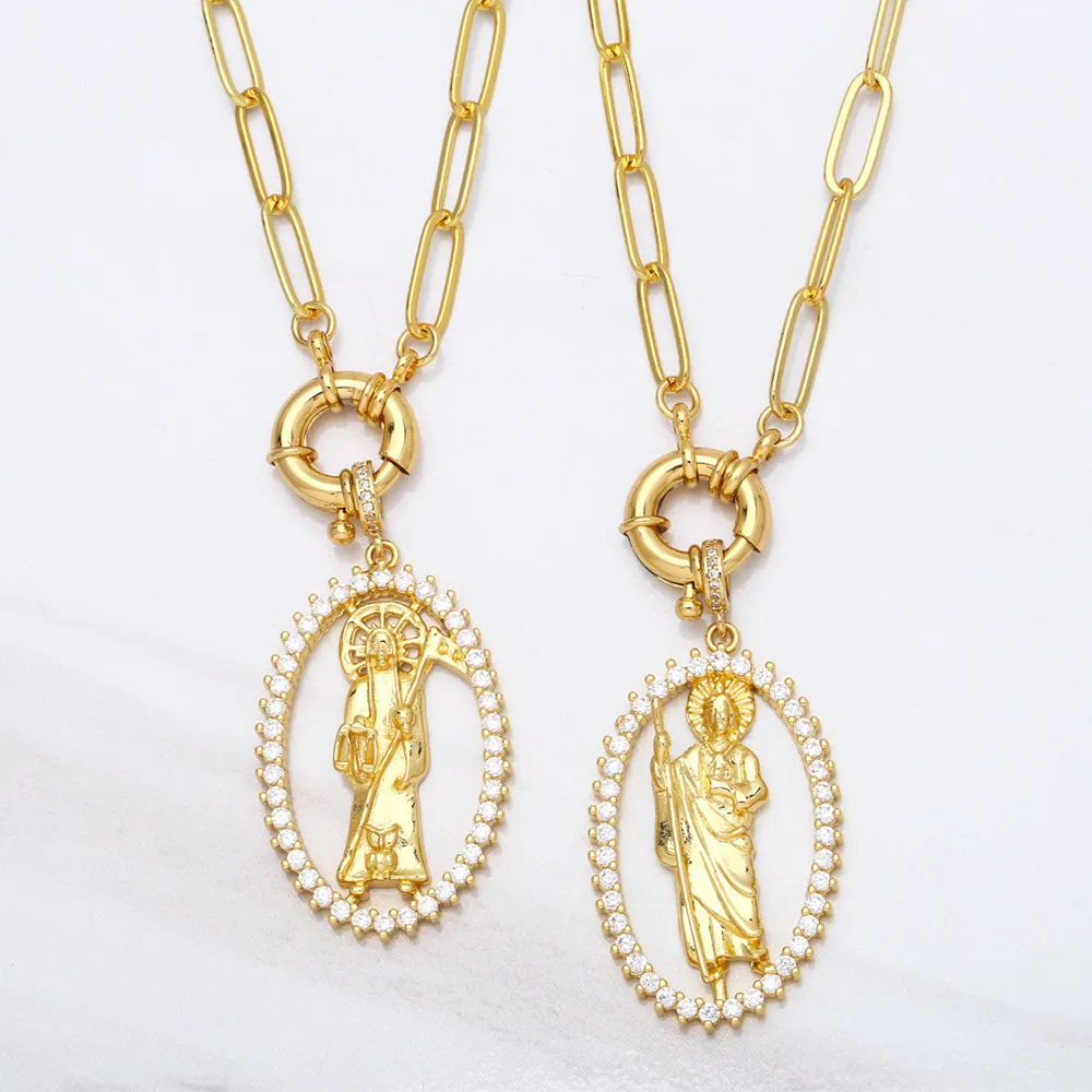 

Blessed Holy Death Necklace for Women Gold Paperclip Chain O Clasp Dainty Necklaces Religious Jewelry San Judas Tadeo nkea034