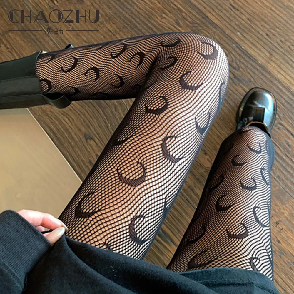 Ажурные жаккардовые ажурные облегающие Женские колготки CHAOZHU Moon черного и белого