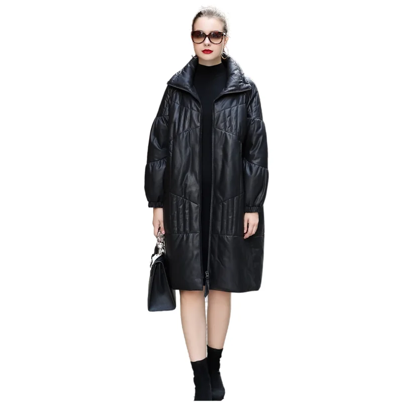 Leather Down Jacket Women's Winter Sheepskin Silhouette Long Thickened Loose Coat Lapel Warm Genuine Leather Tops