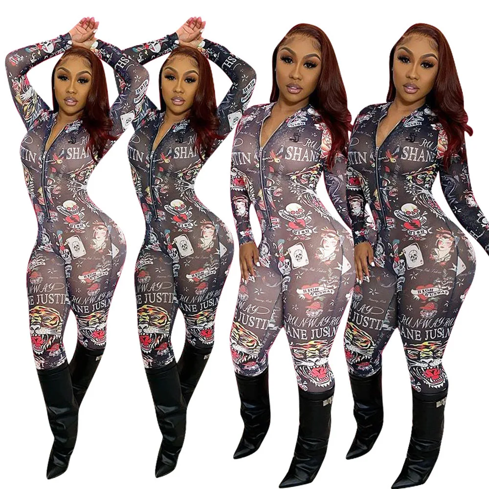 

F8322 Wholesale Items Fall Fashion Printed Zipper Spring V-neck Breathable Jumpsuits Streetwear Jump Suits for Women