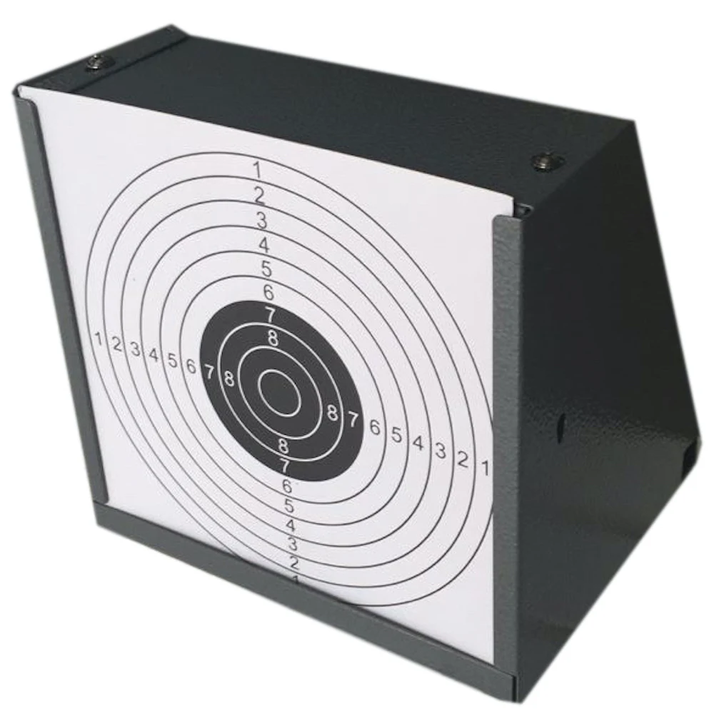 

5.50"*5.50" Grey Pellet Trap with Built-in Spinner+20 Black Bulls-eyes Paper Targets for Airgun, Pellet Gun, BBs and Airsoft