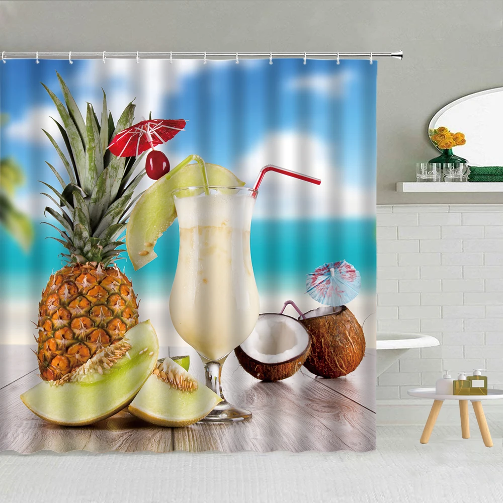 

Tropical Green Leaf Fruit Flower Shower Curtain Pineapple Banana Coconut Cool Summer Bathroom Decor Waterproof Cloth Curtains