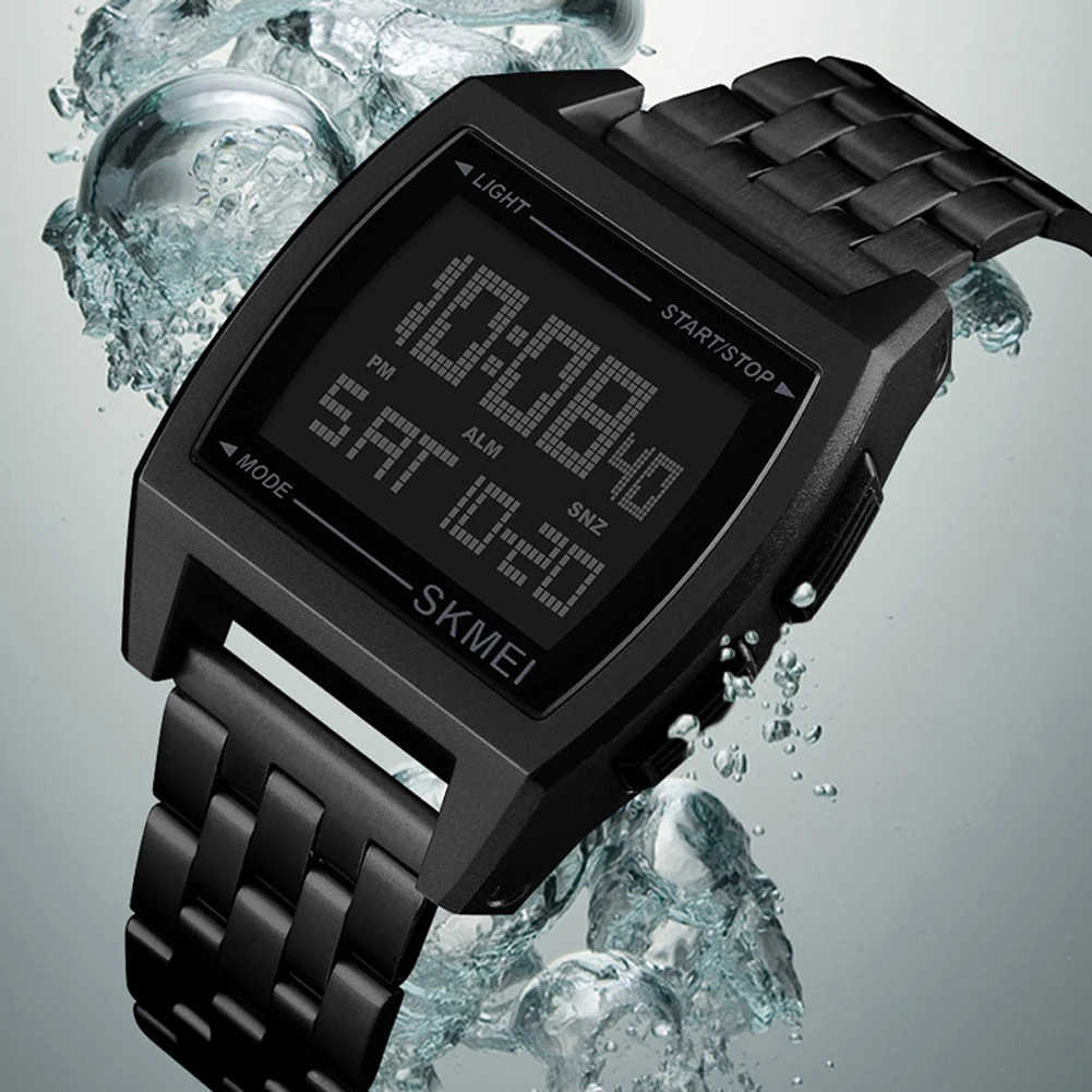 

Men Waterproof Double Time Rectangle Stainless Steel Alarm Clock Business Anti Shock Digital Watch Countdown Office Gift Home