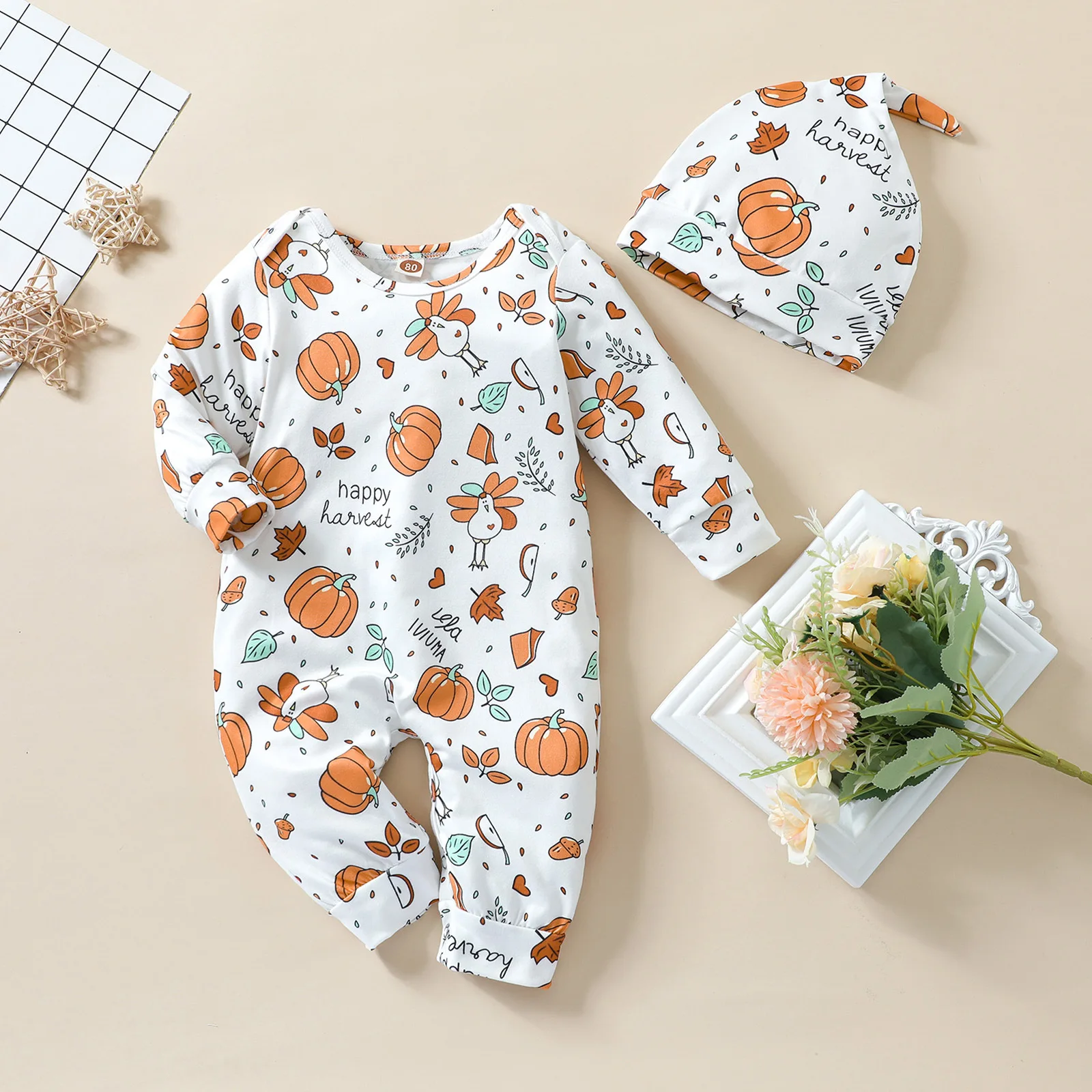 

2pcs/sets Halloween Baby Clothes Pumpkin Cartoon Printed Round Neck Long Sleeves Romper Tops + Cute Hat Outfits For Infant