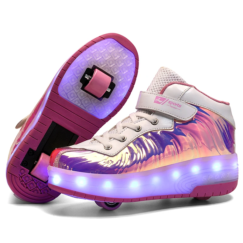 

Children Two Wheels Luminous Glowing Sneakers Black Red Pink Led Light Roller Skate Shoes Kids Led Shoes Boys Girls USB Charging