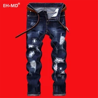 eh%c2%b7md%c2%ae geometric cable dark blue jeans mens scratched ripped patch cotton soft small straight high street cat beard slim pants