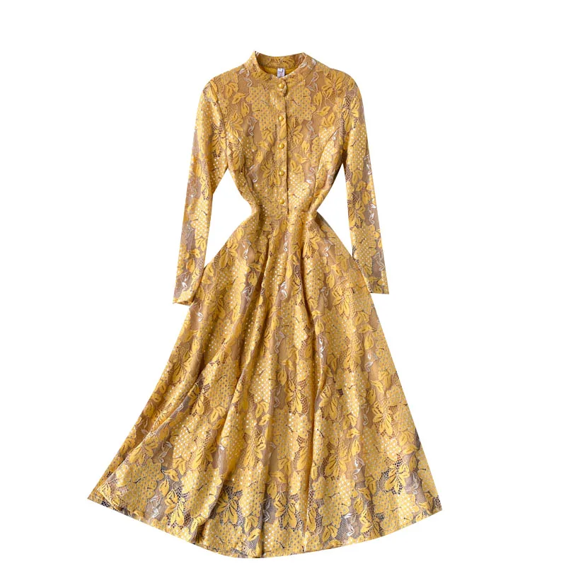 

Spring New Product Temperament French Vestidos Female Small Stand-up Collar Buttoned Slim Lace Midi Dress GK541