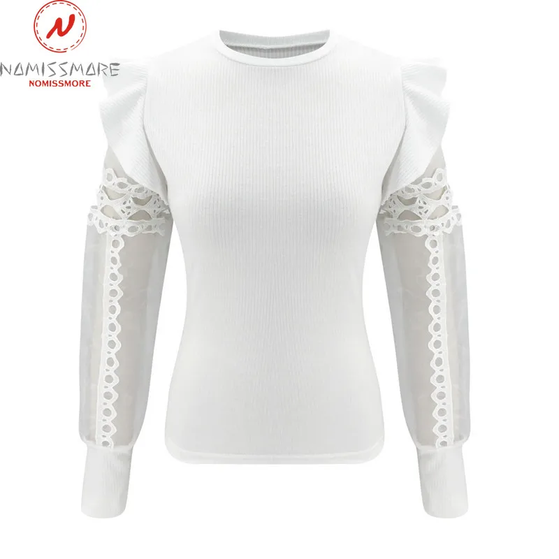 

Fashion Women Spring Autumn T-Shirts Mesh Patchwork Design Lace Ruffles Decor See Through O-Neck Long Sleeve Solid Pullovers Top