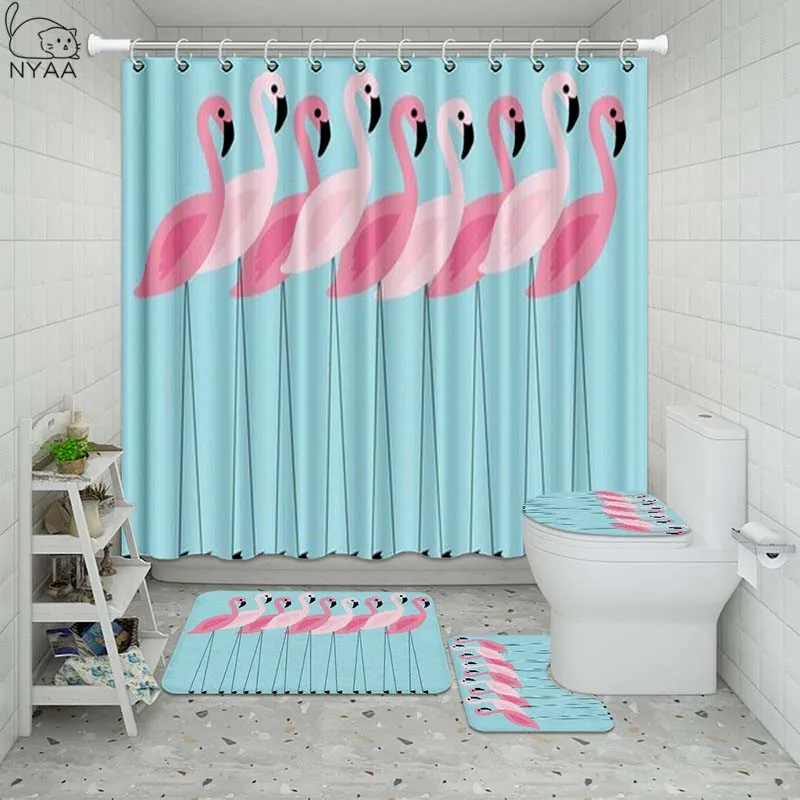 Vixm Animals Flamingo Bathroom Waterproof Shower Curtain Set Pedestal Rug Lid Carpet Toilet Cover Bath Mat | Дом и сад