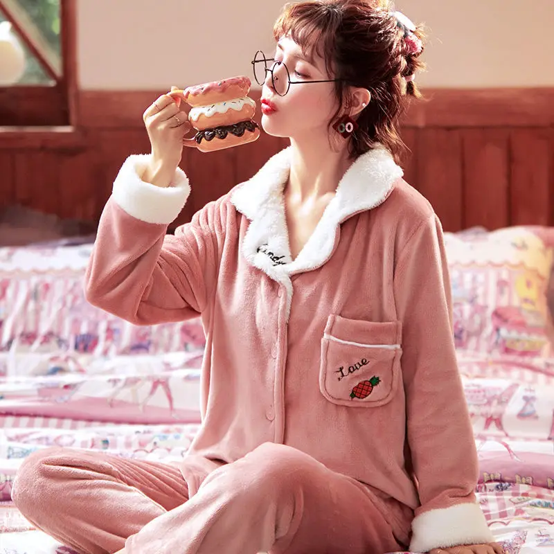 Women's Lace Pajamas Sexy Sleepwear Set Women Embroidery Pajama Set Long  Pant Hot Warm Flannel Winter  Homewear Big Size