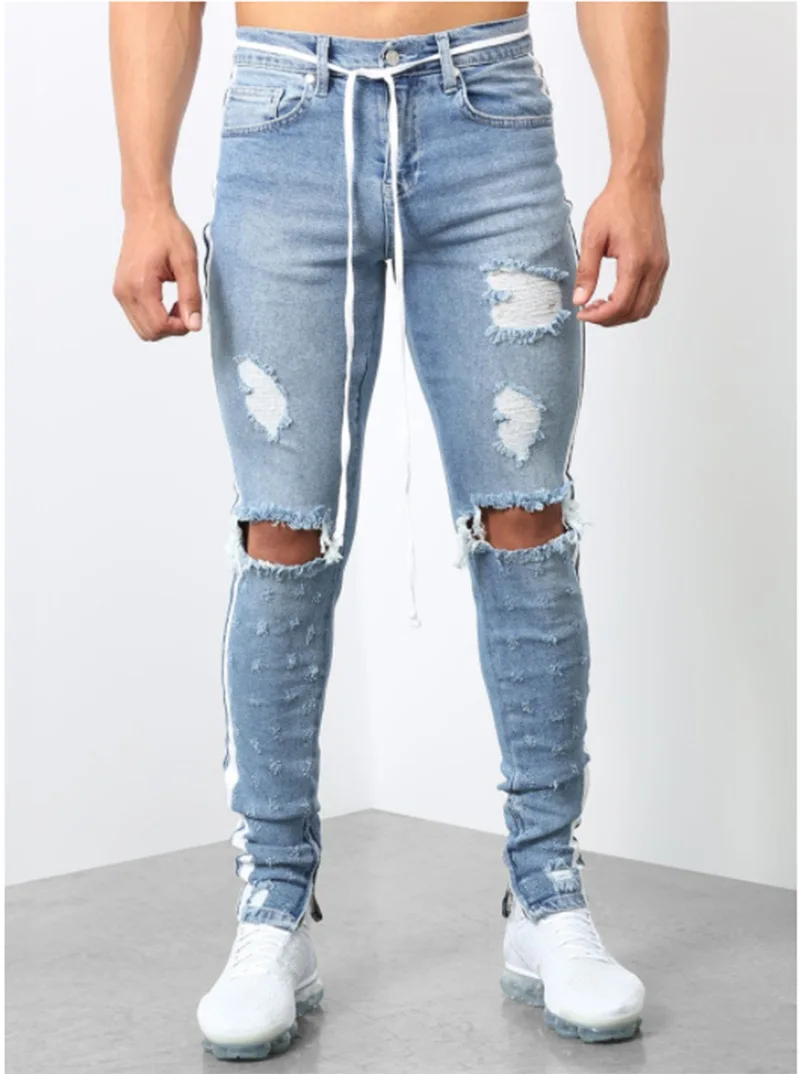 

Best Selling Mens Slim Fit Distress Damaged Jeans High Street Skinny Baggy Denim Pants with Side Stripe Man Pencil Ripped Jeans