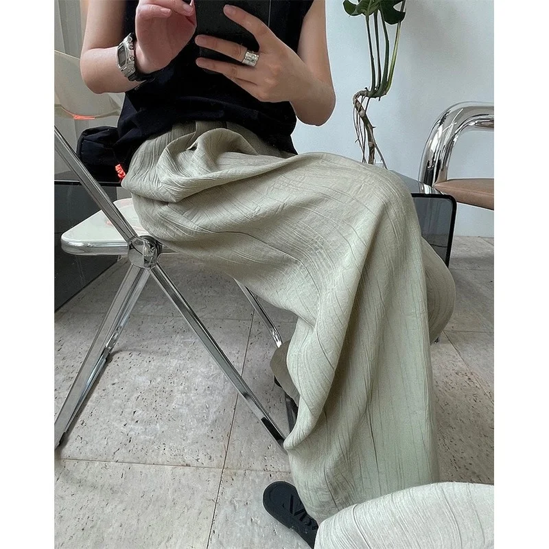 

2021 Summer New Korean Version of The Lazy Folds Vertical Texture Inclined Placket Casual Loose Wide-leg Thin Cool Pants Loose