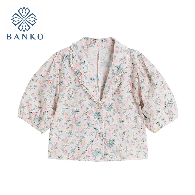 

Elegant Sweet French Style Pink V-Neck Wild Blouse Women Summer 2021 Fashion Casual Print Lapel Puff Sleeve Female Shirt Tops