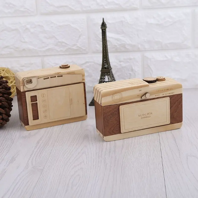 

Wooden Music Box Retro Camera Design Classical Melody Birthday Home Decoration