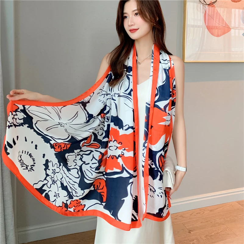 

2022 New 180*90cm Silk Scarf Women Print Shawl And Wrap Muslim Headscarves Hijab Bandana Hand Accessories Floral Pashmina