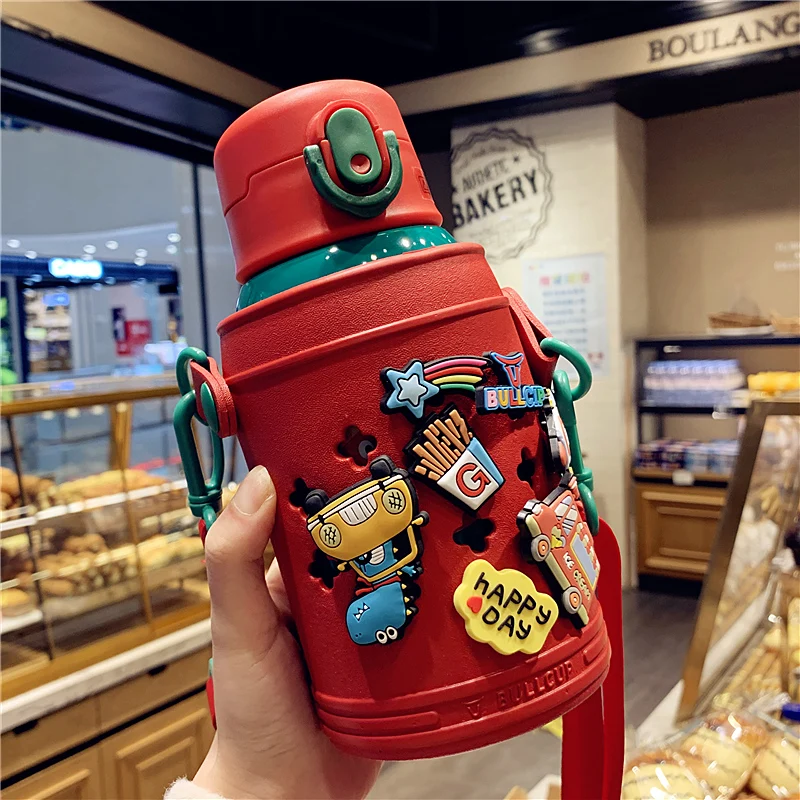 550 мл креативная нержавеющая стальная термосная бутылка с крышкой-соломинкой милый детский тумблер школьный термос с вакуумным флаконом воды с ремешком.