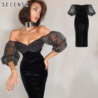 womens dresses sexy off shoulder sparkle voile splcing design puff sleeves celebrity party dress velvet chic blouses secense