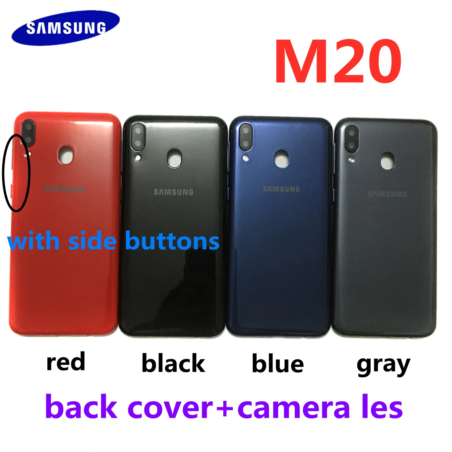 

Задняя крышка батарейного отсека для Samsung Galaxy M20 M205 корпус для телефона + объектив камеры + боковые кнопки панель Корпус Крышка для ремонта